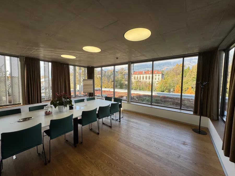 Modern meeting room with mountain panorama